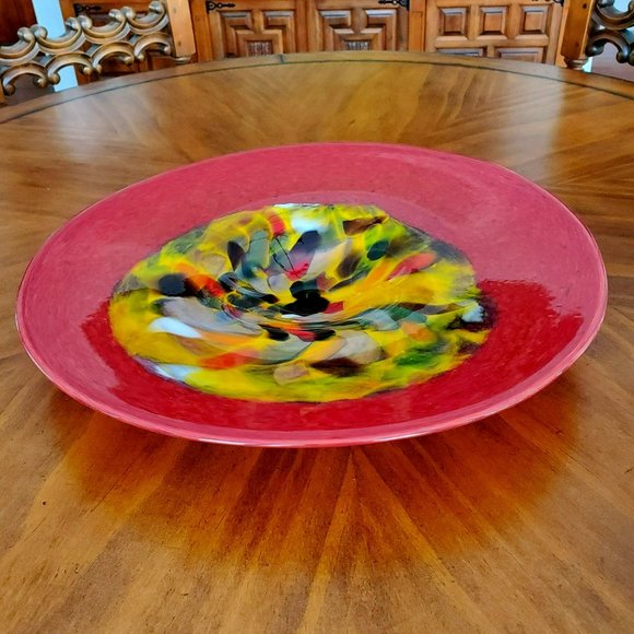 Large Art Glass Centerpiece Platter 17" Murano Style Red Yellow Fused Glass Bowl - Picture 1 of 10